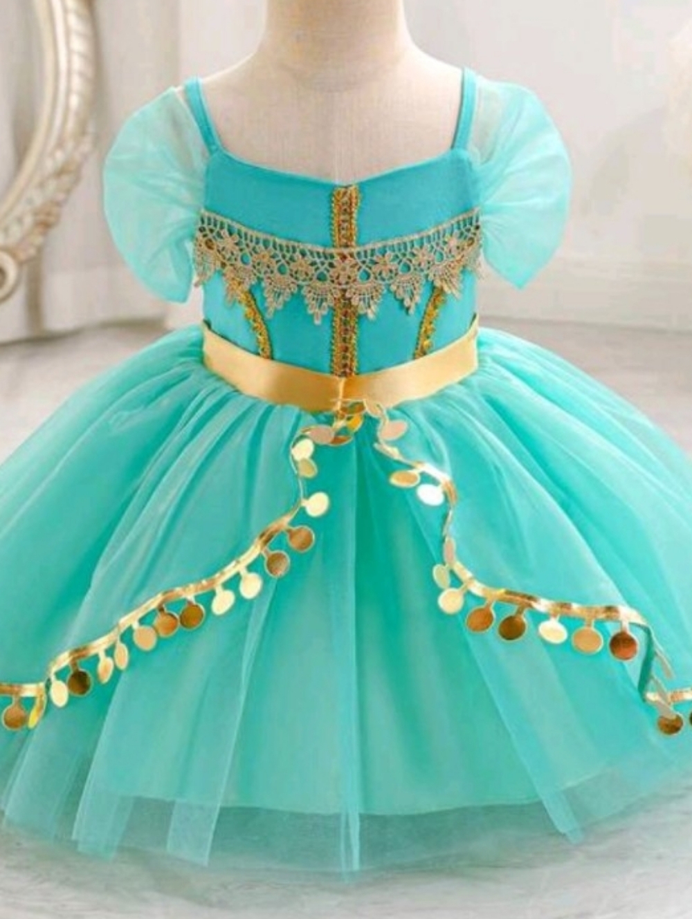 Girls Teal Princess Tulle Costume Dress with Gold Trim